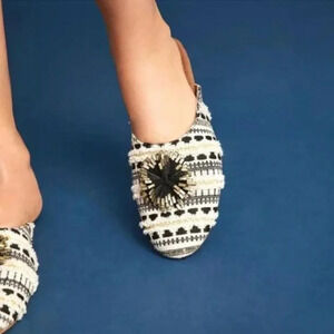 Anthropologie Dreamy Tweed Mule Slides Size 9 Black Gold Pompoms